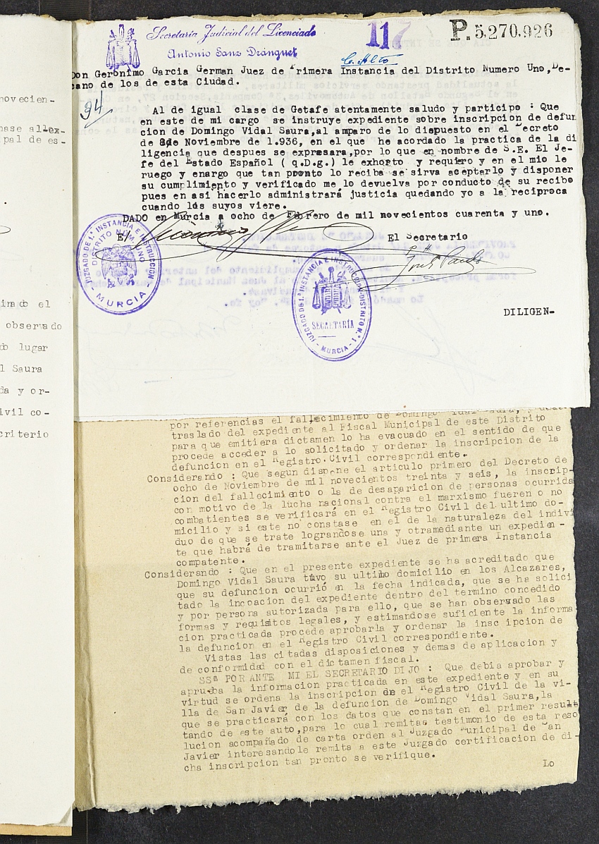 Expediente nº 85/1940 del Juzgado de Primera Instancia de Murcia para la inscripción en el Registro Civil por la desaparición en el frente de Domingo Vidal Saura.